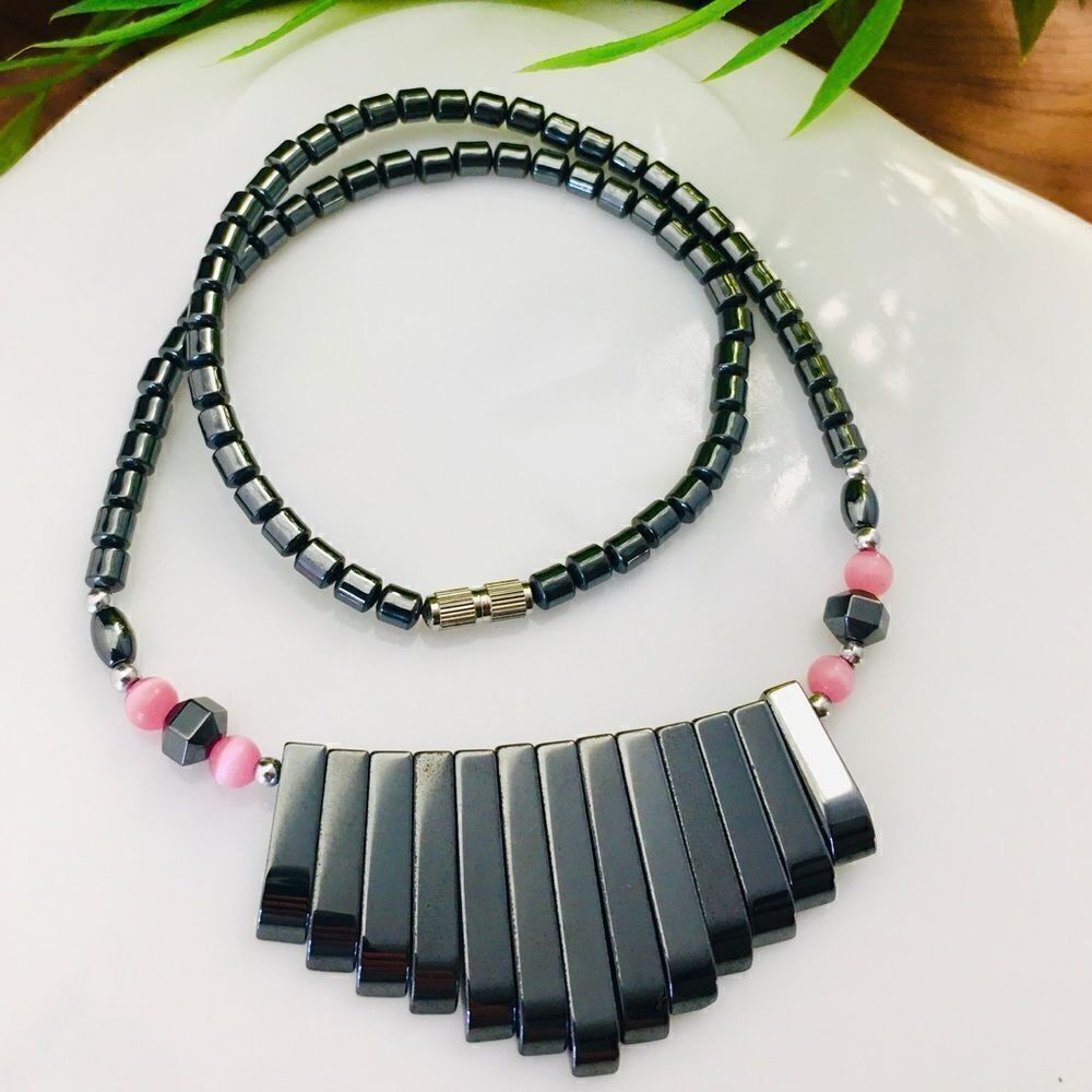 Graduated Hematite Necklace Pink Cats Eye Beads 4428